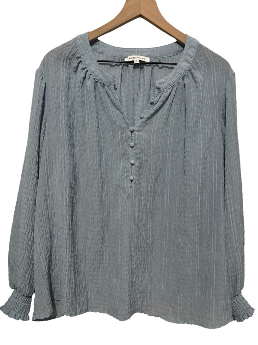 Rose + Olive Textured Peasant Blouse Women's 1X Blue Smocked Sheer Pullover